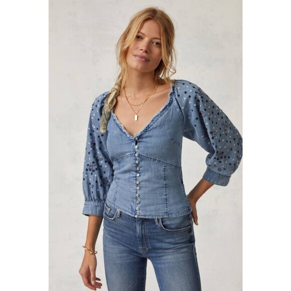 Anthropologie Pilcro Embroidered Chambray Blouse - Picture 4 of 14